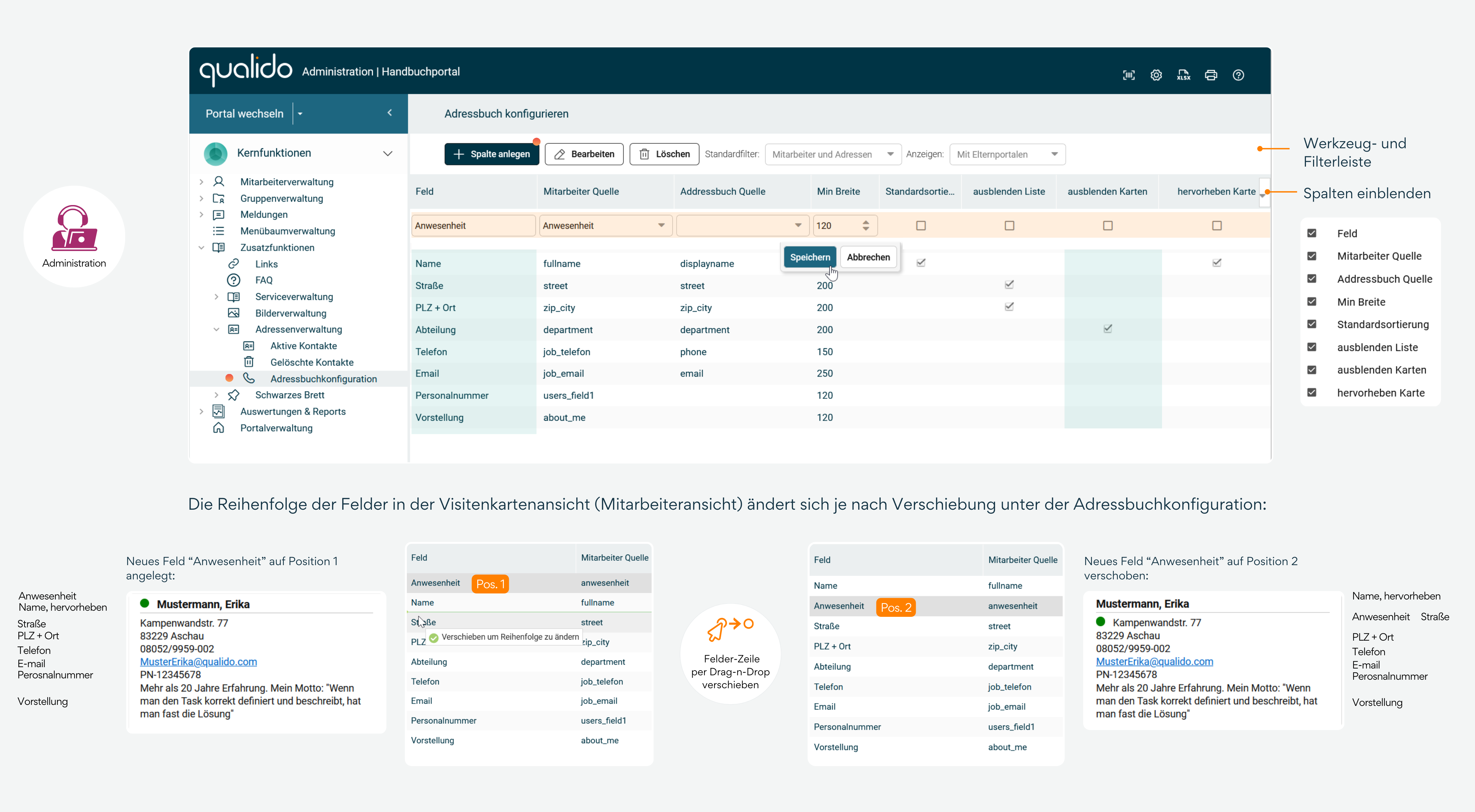 Übersicht der Adressbuchkonfiguration: Zur größtmöglichen Flexibilität sind die Spalten in der Liste und die Felder auf den Visitenkarten frei konfigurierbar. Mit der Installation des qualido manager® werden eine Reihe Standardfelder definiert, die in vielen Fällen für ein Adressbuch sinnvoll und ausreichend sind. Es können aber jederzeit Felder gelöscht, verändert oder hinzugefügt werden, um die unternehmensinternen Anforderungen zu erfüllen. 